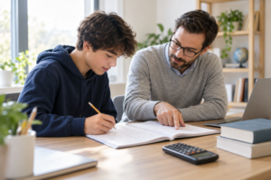 Student working through maths problems with a tutor